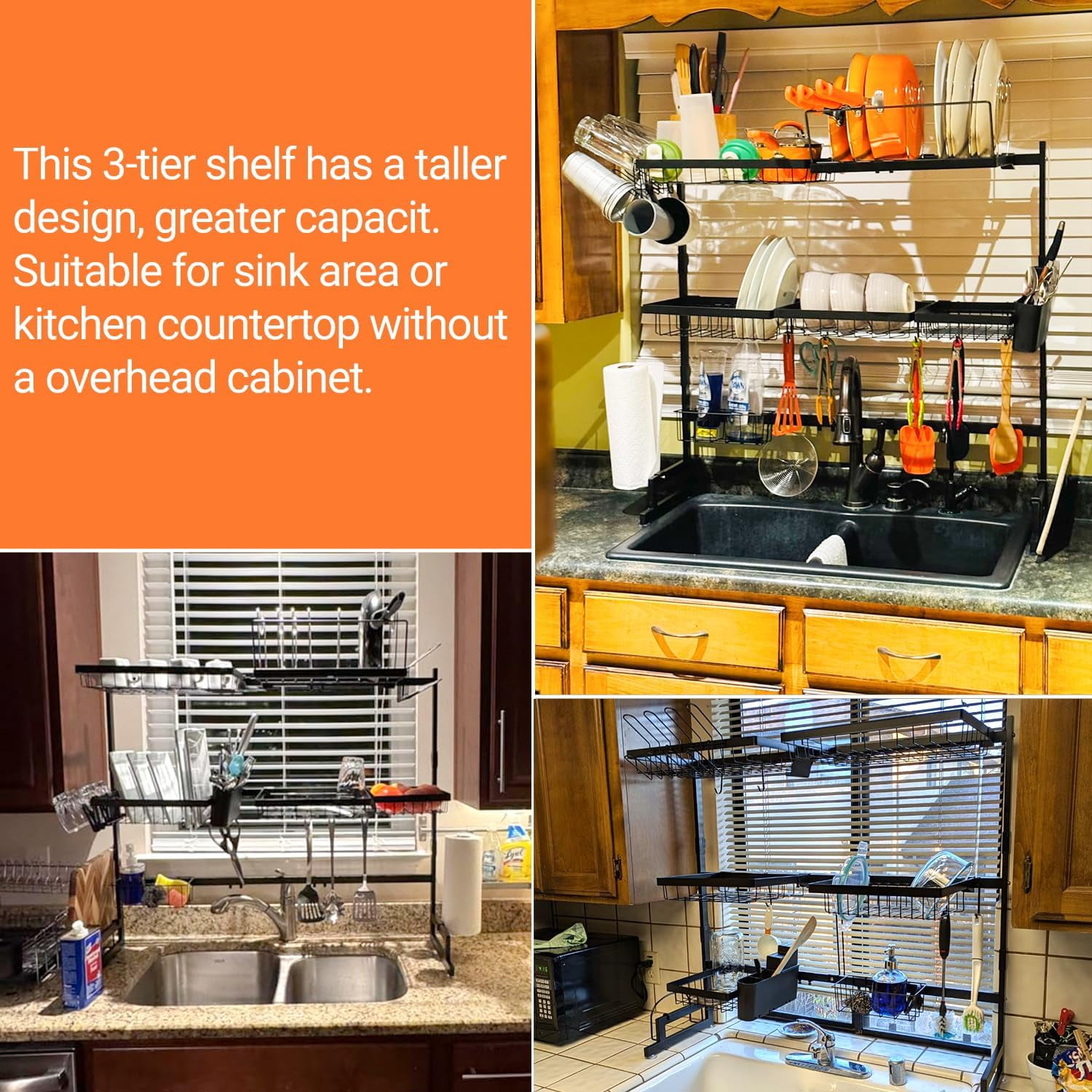 Over Sink Dish Drying Rack (Expandable Height/Length) Snap-On Design Large Dish Drainer Storage Counter Organizer 32-40L x 12W x 34-38H (inches)