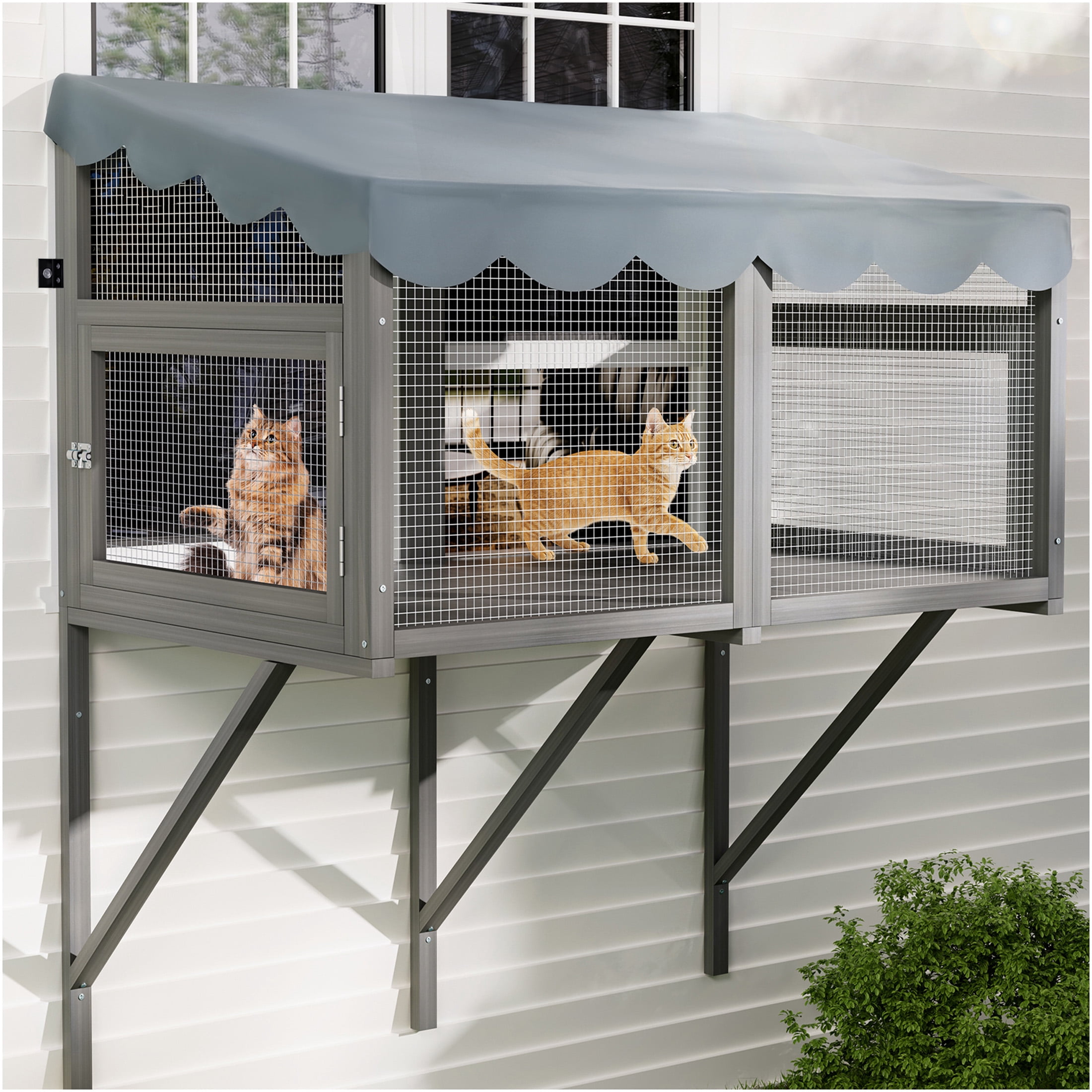 JERFIT Cat Window Enclosure Box, Gray Wooden Catio Perch for Indoor Cats, Expandable Outdoor Haven with Weather-Resistant Roof, Secure Wall Mount
