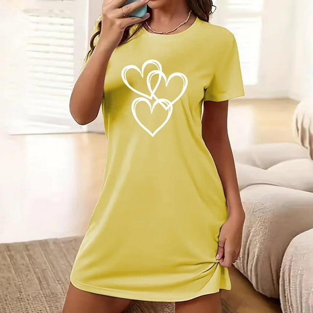 Sakmal Chemises de Nuit Femmes Jaune Confortable Courte Robe Mumu Manches Courtes Imprimé Cœur Chemises de Nuit pour Femmes