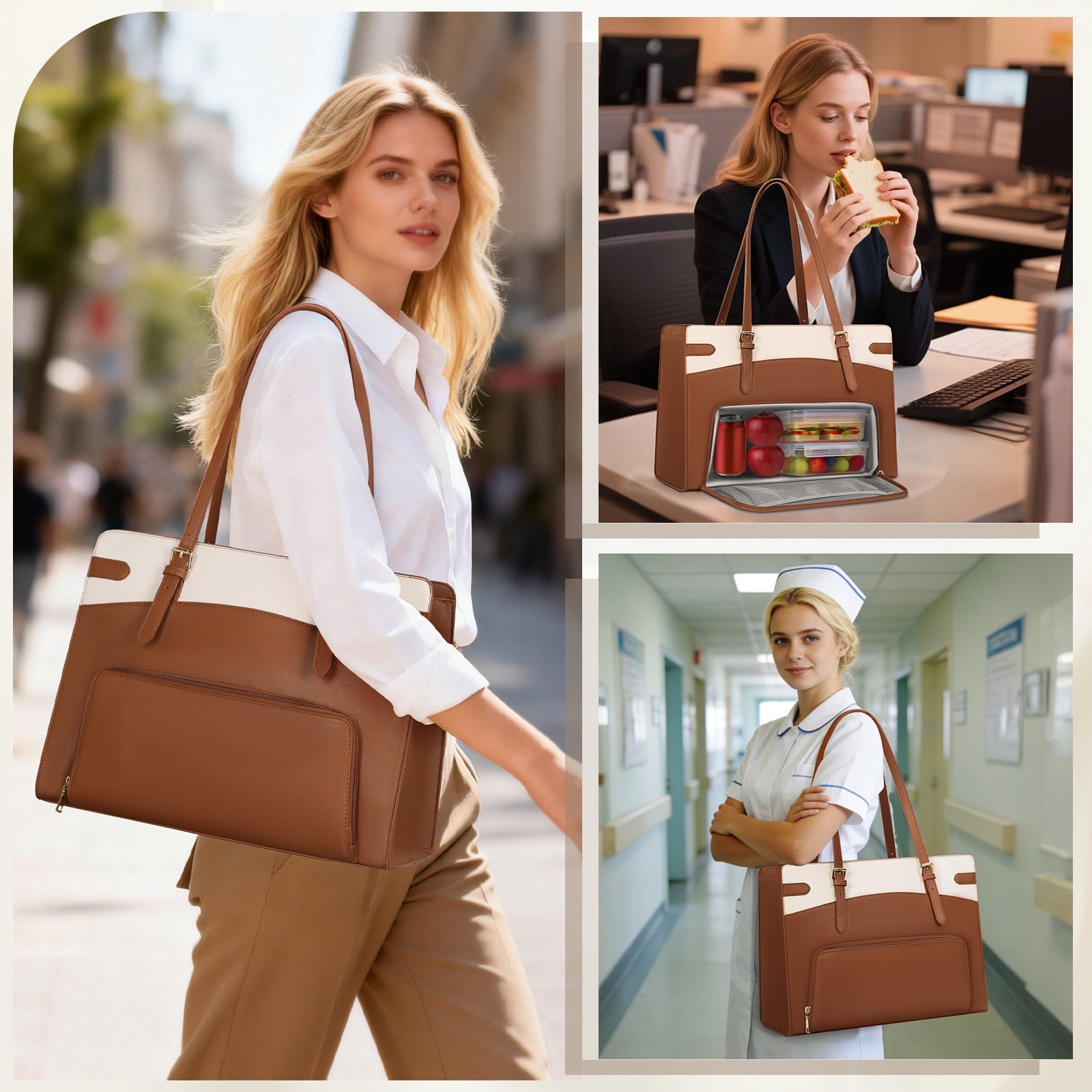 RAINSMORE 15.6 inch Lunch Tote Bag for Women Laptop Bags with Insulated Lunch Compartment Teacher Work Bag for Office Travel,BrownWhite