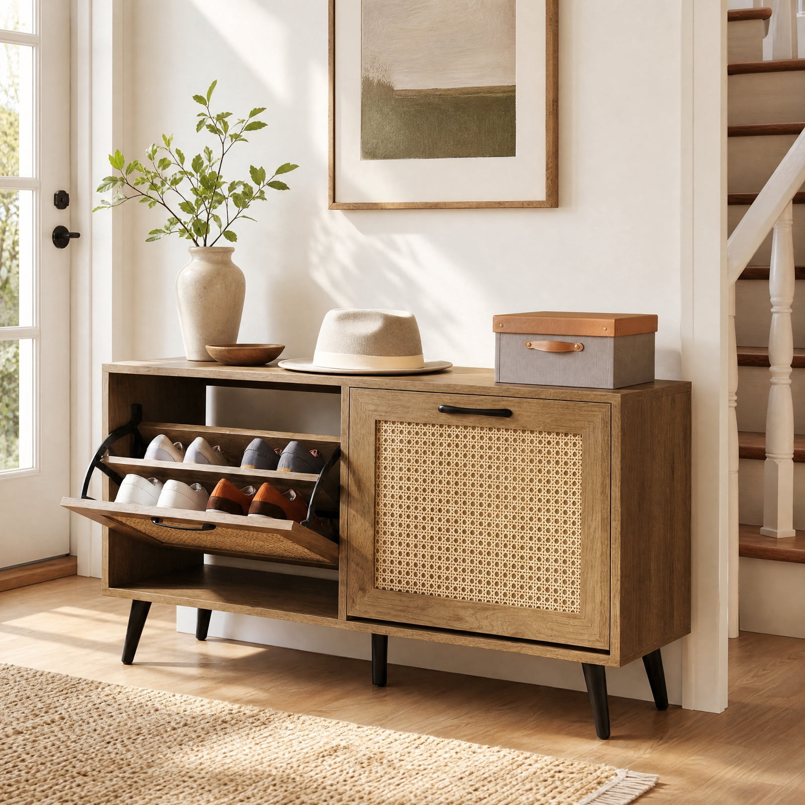 Furnibear Modern Freestanding Shoe Cabinet with 2 Flip Drawers and Adjustable Shelves for Entryway Hallway Shoe Storage Organizer, Natural