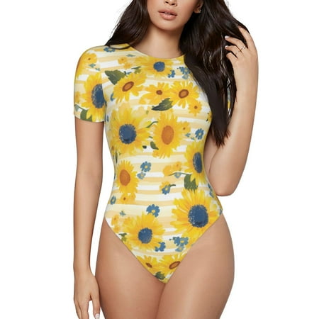 Gaeub Blue Floral Sunflower Print Women s Short Sleeve One Piece Swimsuit Sexy High-Waisted Bodysuit Bathing Suit for Swimming  Beach  Sports-Small