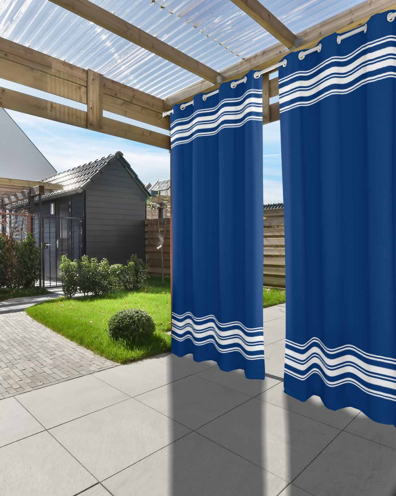 Outdoor Curtains for Patio, Blue Striped Waterproof Blackout Outside Curtain for Porch/Pergola/Gazebo, Farmhouse Blue White Stripes Thermal Insulated Drapes for Cabana, 2 Panels, 54 x 84 Inch