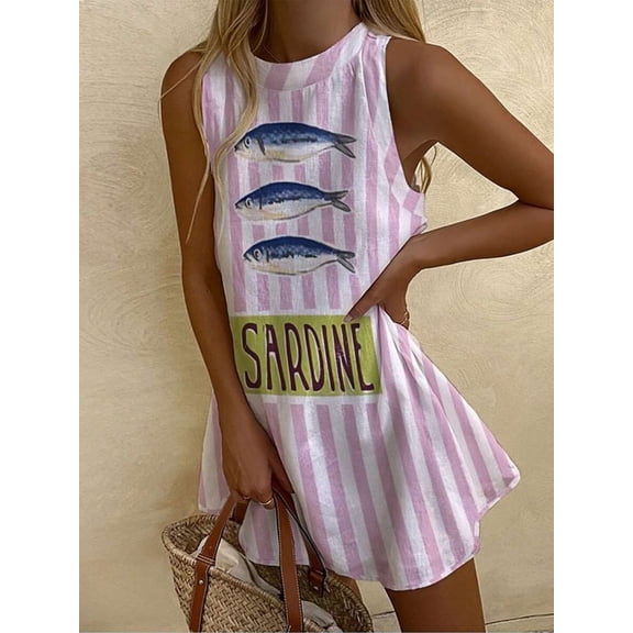 Pink Sleeveless Striped Sardine Print Mini Sundress Loose Tank Dress Boho Casual Graphic Short Dress For Spring Summer