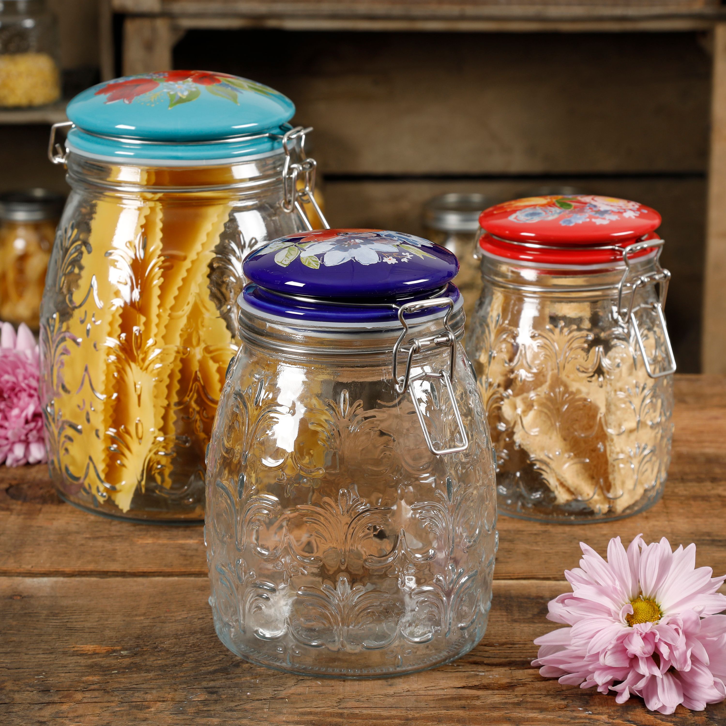 The Pioneer Woman Floral Embossed Clamp Jars, Set of 3 - image 2 of 15