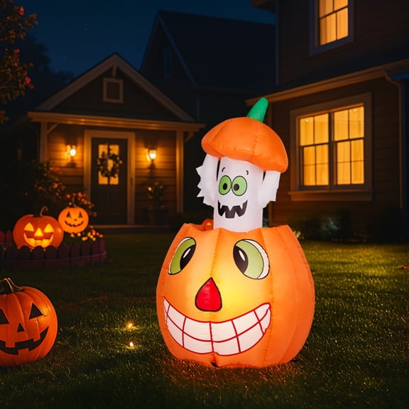 2.8FT Halloween Inflatable Animated Pumpkin Ghost, 2 White LED Lights, Weather-Resistant Polyester, for Small Spaces/Accent Decor