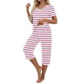 thumbnail image 4 of CLOISE Sleepwear for Women Pajama Set Two Piece Comfortable Short Sleeve Sleepwear Shirts and Soft Capri Pants with Pockets Sleep Sets Casual Striped Graphic Fashion Nightwear, 4 of 7