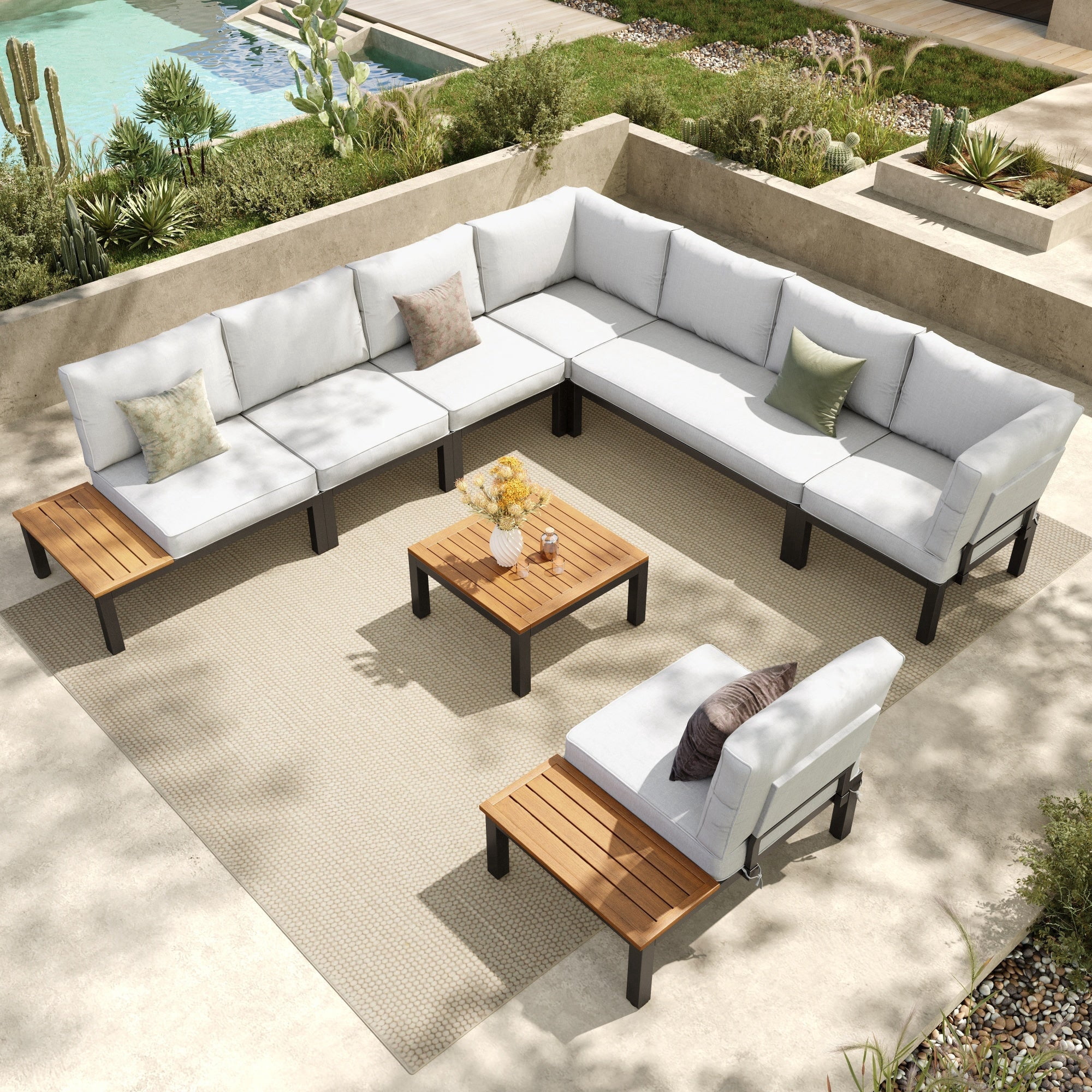 SUMMIT LIVING 8-Piece Outdoor Patio Furniture Set with Modular Sofa, Outdoor Patio Sectional Set with Wood Coffee Table and Built-in Side Table for Balcony & Couch