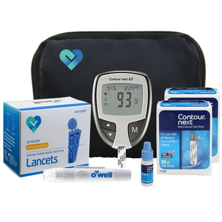OWell Contour NEXT EZ Complete Diabetes Blood Glucose Testing Kit, METER, 50 Test Strips, 50 Lancets, Lancing Device, Control Solution, Manual, Log Book & Carry