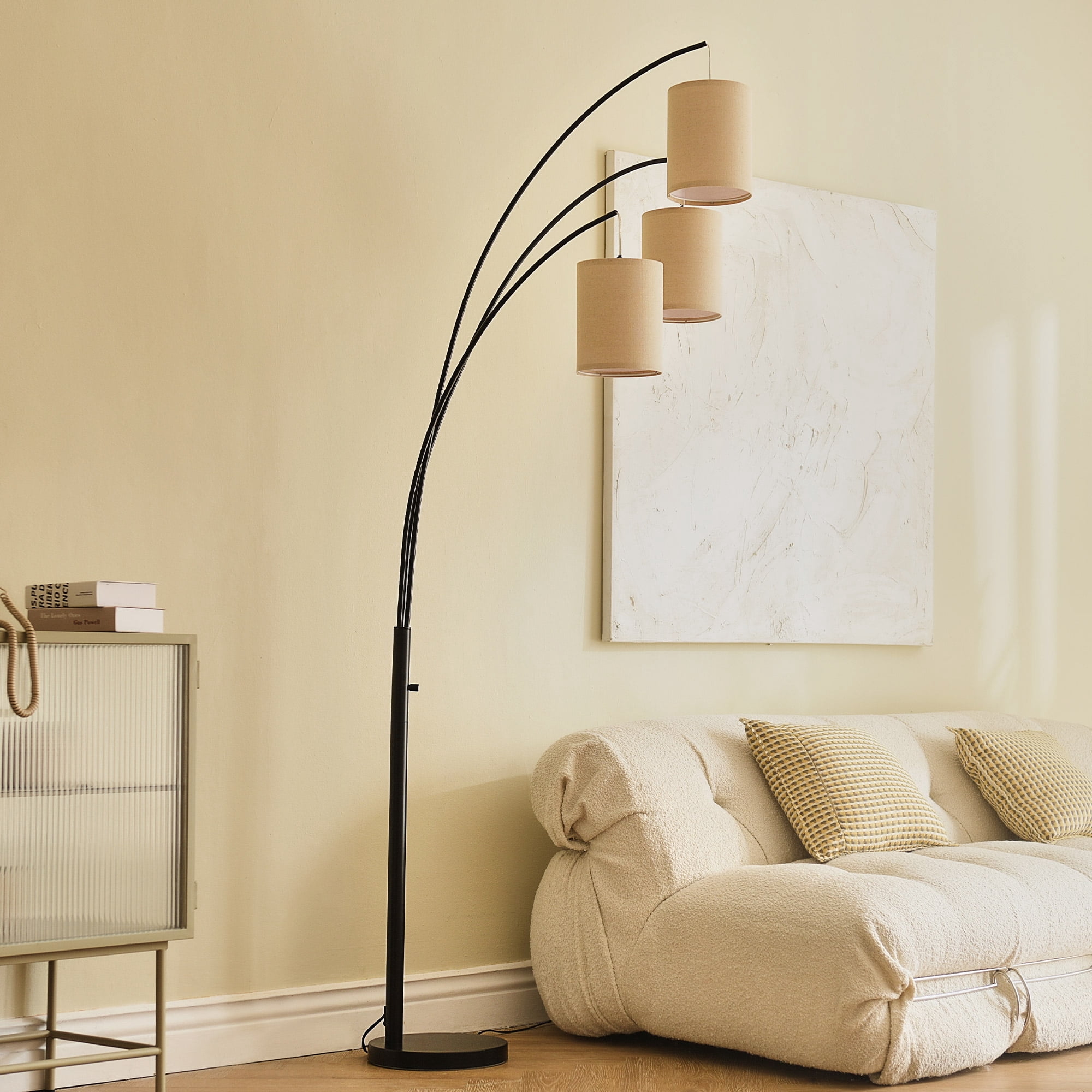 7ft Modern Arched Tree Lamp w Hanging Drum Shades Long Cord Weighted Metal Base