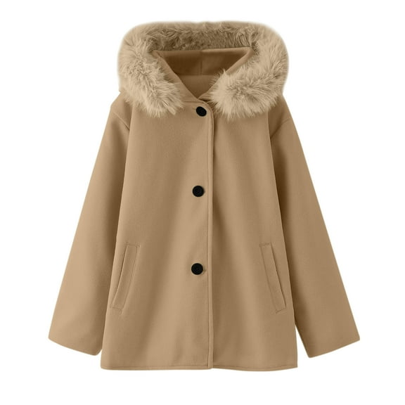 Mercatoo Kids Girls Wool Blend Solid Color Long Coat Toddler 𝐅aux F𝐮r Hood Button Down Pocket Dress Outwear Winter Jacket