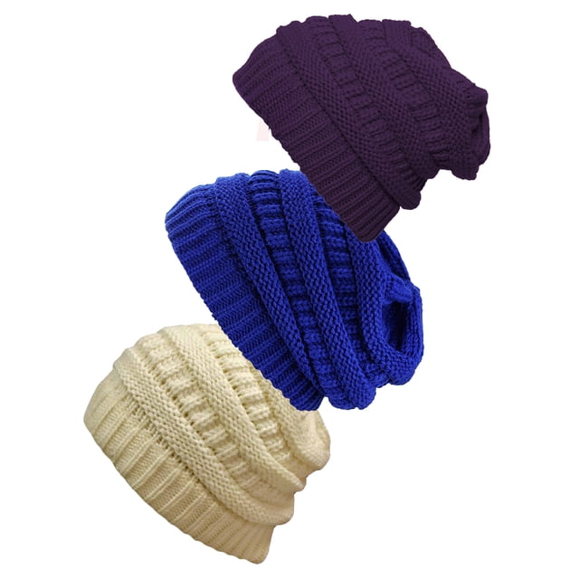 Bonnet Tricoté pour Femmes Lot de 3 - Ivoire/violet/royal