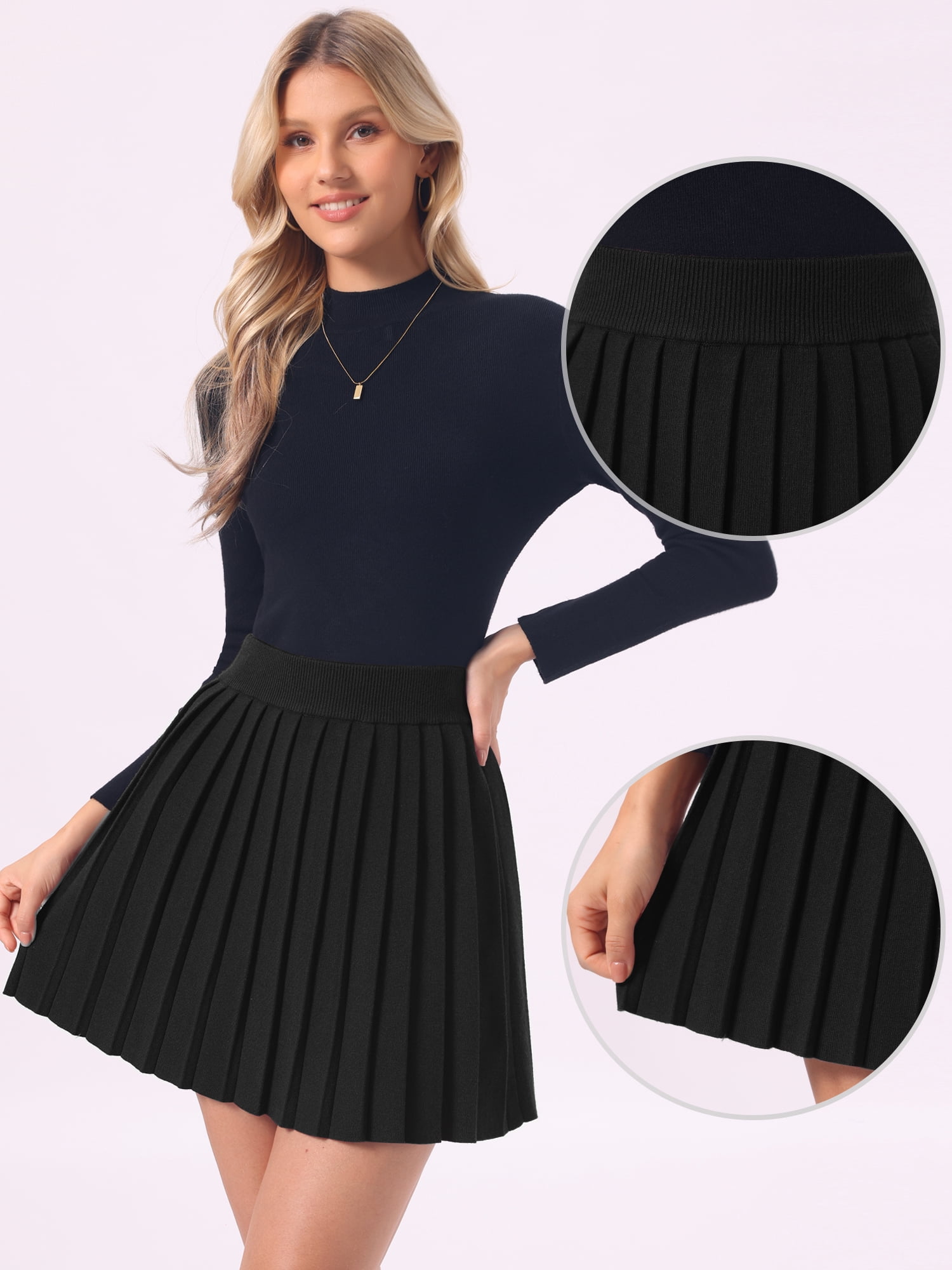 DARING DIVA Women's Pleated Knit Skirt High Waist A-Line Mini Skirts L Black