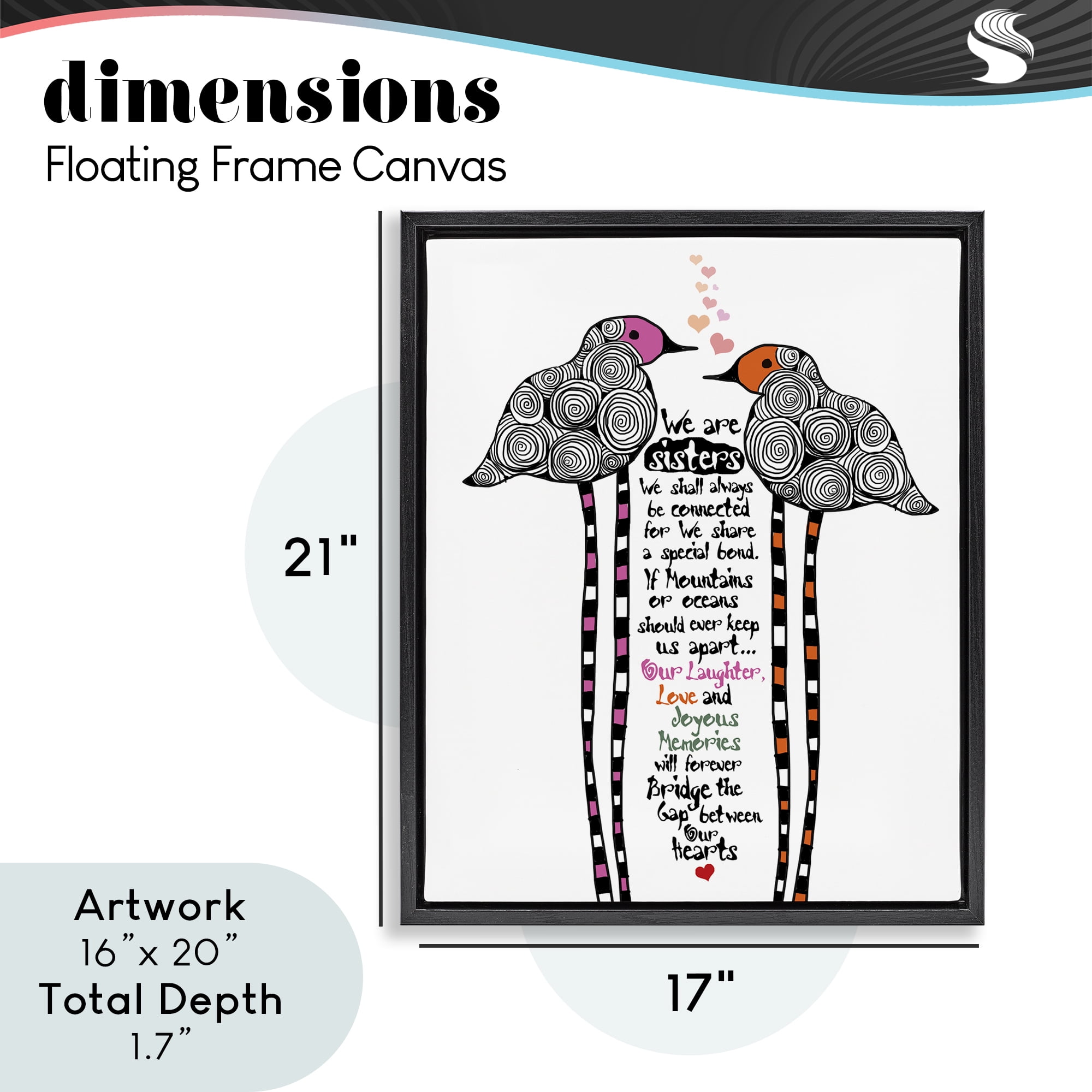 We Are Sisters Bird Duo Black Framed Floater Canvas Wall Art, design by Suzanne Millius