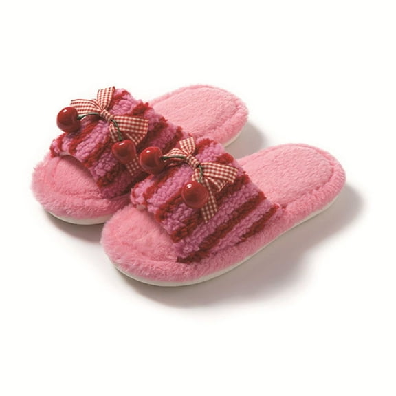 Xfvqtps Fluffy Slippers for Women Checkered Bow Tie Cherry Decor Winter Warm Open Toe Slip on Furry Cozy Indoor and Outdoor Plush Shoes Hot Pink