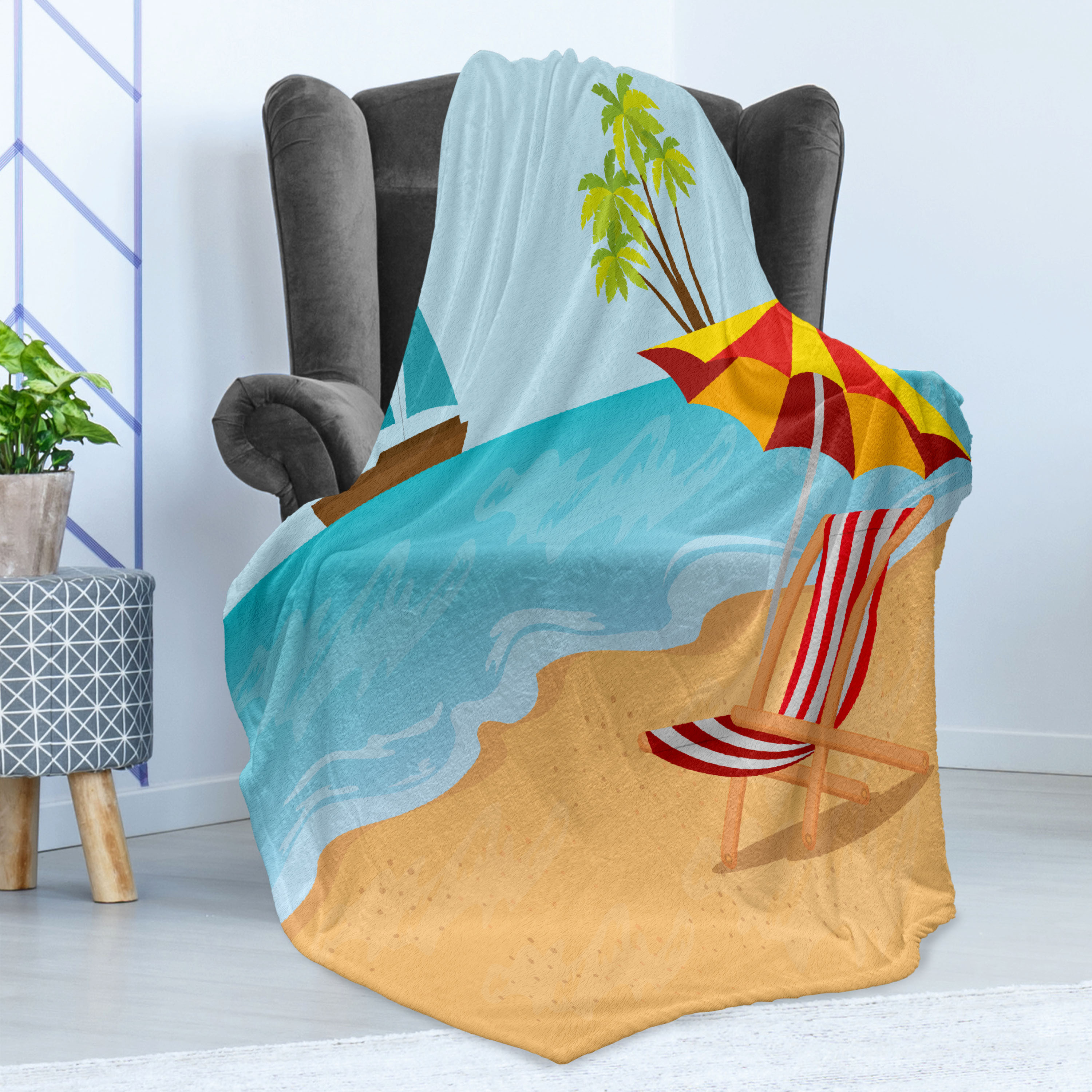 Graphic Beach Soft Flannel Fleece Blanket, Summer Leisure Scene at Coast Ocean Sailboat Parasol and Chair Cartoon Style, Cozy Plush for Indoor and Outdoor Use, 50" x 60", Multicolor, by Ambesonne - image 4 of 5