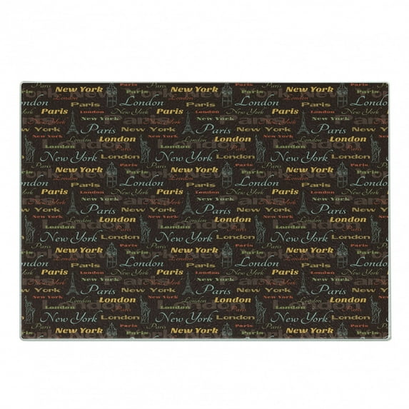 City Cutting Board, Famous Places of World London Paris New York Big Ben of Liberty Eiffel Tower, Decorative Tempered Glass Cutting and Serving Board, in 3 Sizes, by Ambesonne