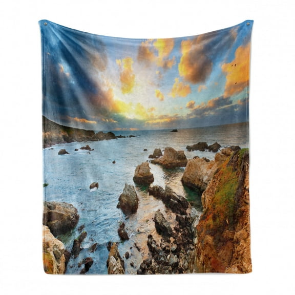 Big Sur Soft Flannel Fleece Throw Blanket, Outdoor Scene of Ocean Coast with Rocks at Sunrise Through Fluffy Clouds Print, Cozy Plush for Indoor and Outdoor Use, 50" x 60", Multicolor, by Ambesonne