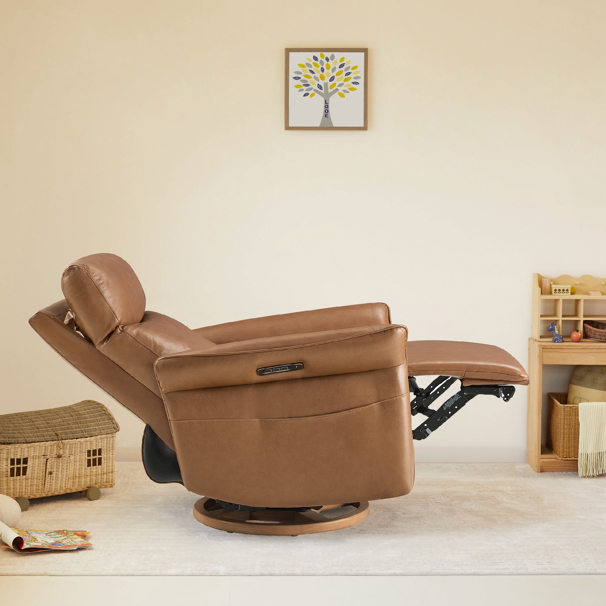 Spruce & Spring 270° Power Swivel Leather Glider Recliner with Power Headrest & Lumbar, USB & Type-C Charging, for Nursery & Living Room, Saddle Brown