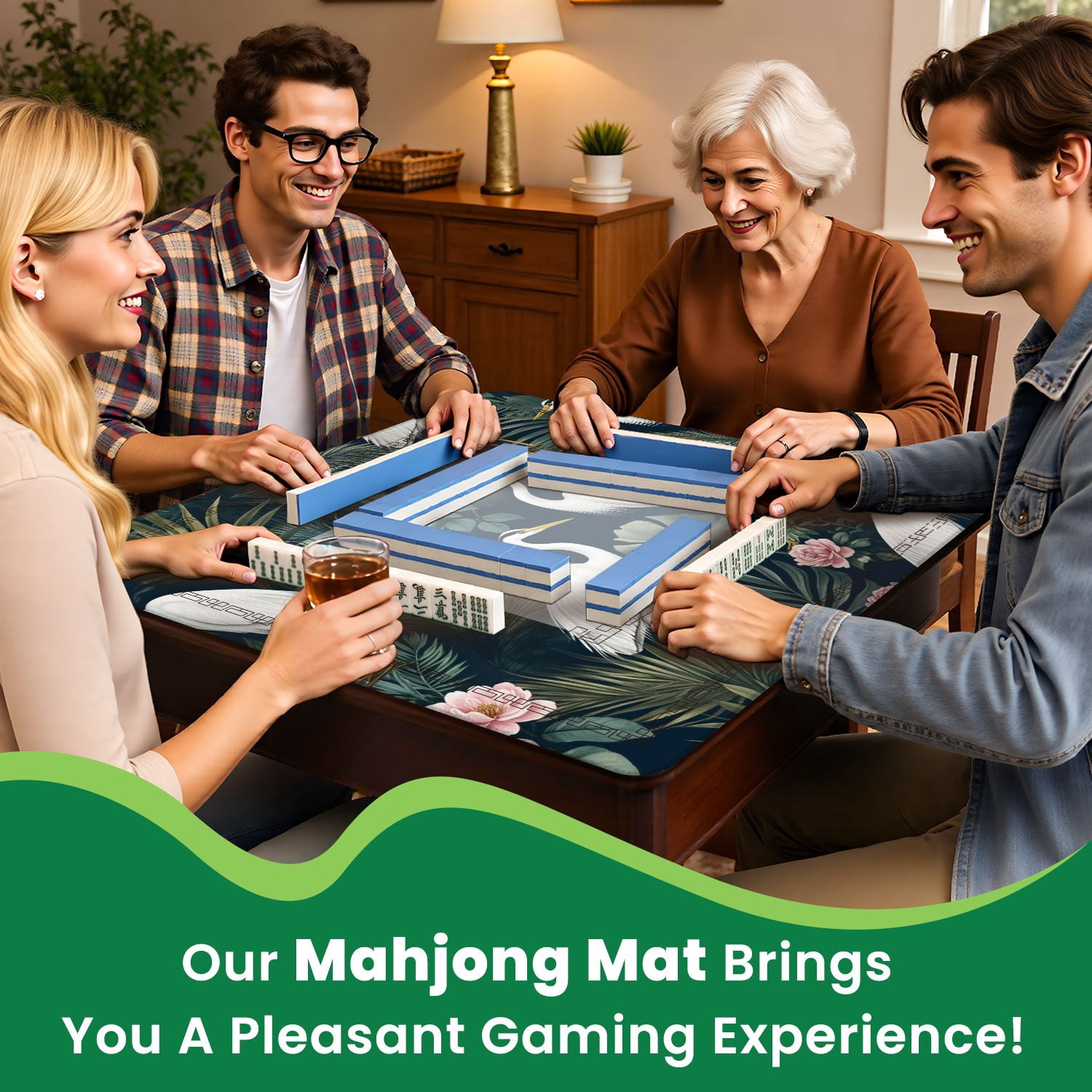 Mahjong Mat 31.5" x 31.5" Seamless chinoiserie style herons birds peonies Non-Slip Noise Reduction American Mahjong Tiles Table Cover for Dominoes Poker Card Board Games Gift