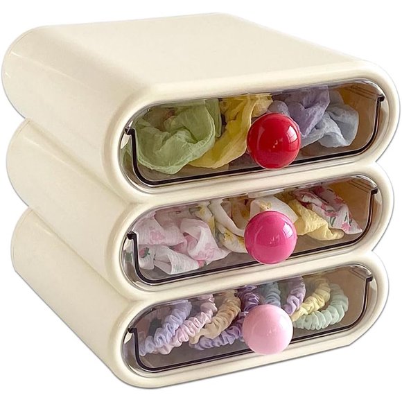 Yesesion Plastic Vanity Organizer, Compact 3-Tiers Storage Drawer for Hair Care, Ties, Clips, Dental, Lipsticks, Desk Accessories Box for Home, Office, Bathroom, Pen Holder, Qtip Dispenser (Beige)