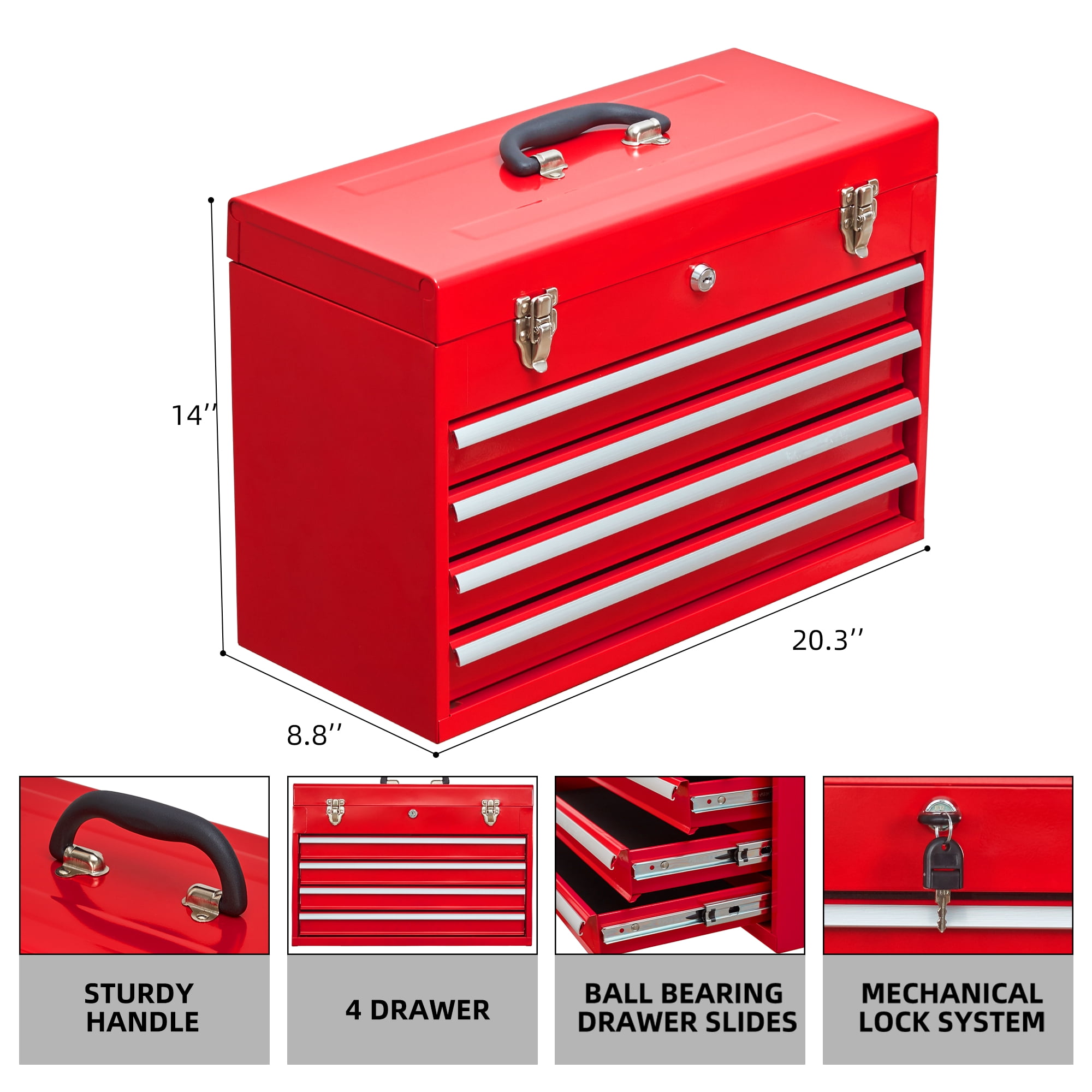 4-Drawer Heavy-Duty Steel Tool Chest, Portable Tool Box with Lockable Latches, Ball Bearing Slides, and Drawer Liners for Garage, Workshop, and Jobsite