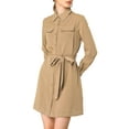 thumbnail image 6 of INSPIRE CHIC Women's Contrast Line Long Sleeves Belted Waist Dress with Pockets Light Khaki S, 6 of 8