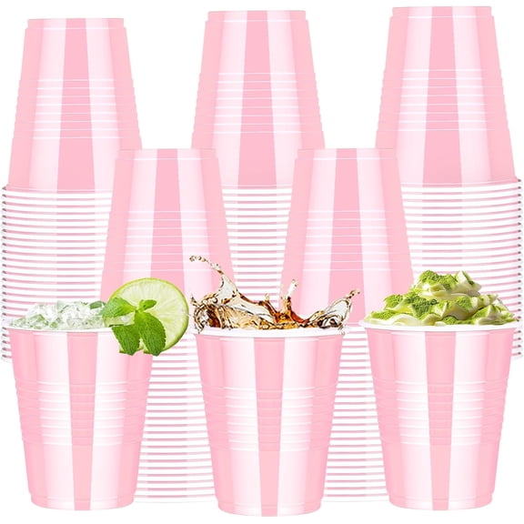 100 pcs 12 oz Pink Plastic Cups, Light Pink Party Cups – Stackable Ribbed Disposable Drinking Cups Bulk for Bachelorette, Wedding, Birthday, Baby Shower, Picnic & BBQ