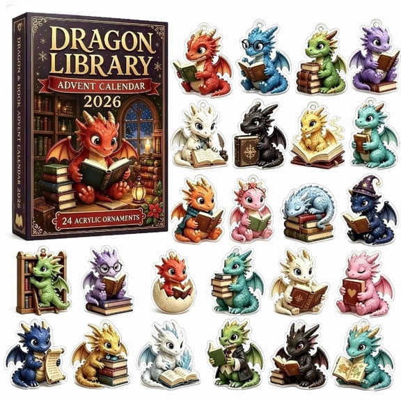 Christmas Dragon Library Advent Calendar 2026, 24 Days Christmas Countdown Calendar with Cute Reading Dragon 2D Acrylic Hanging Ornaments, Christmas Tree Decor, Holiday Surprise Gift