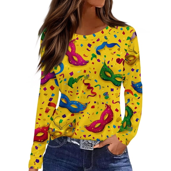 Mardi Gras Shirts for Women Sparkly Glitter Long Sleeve Tops Mask Print Crew Neck Holiday Blouse Orange M