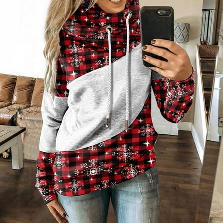 

jsaierl Womens Hoodies Sweatshirts Cowl Neck Drawstring Pullover Long Sleeve Christmas Printed Cute Tops for Women Loose Tunic Hooded Sweatshirt for Holiday