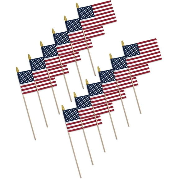 Super Tough 8"x12" Cotton US Stick Flag with 24" Wood Stick and Spear Tip - Cut Edges 12 Pack