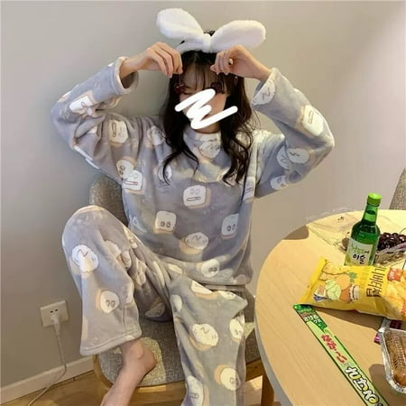 

Autumn Winter New Warm Flannel Women s Pajamas Set Long-sleeved Trousers Two-piece Set Cute Soft Home Wear Clothes for Women