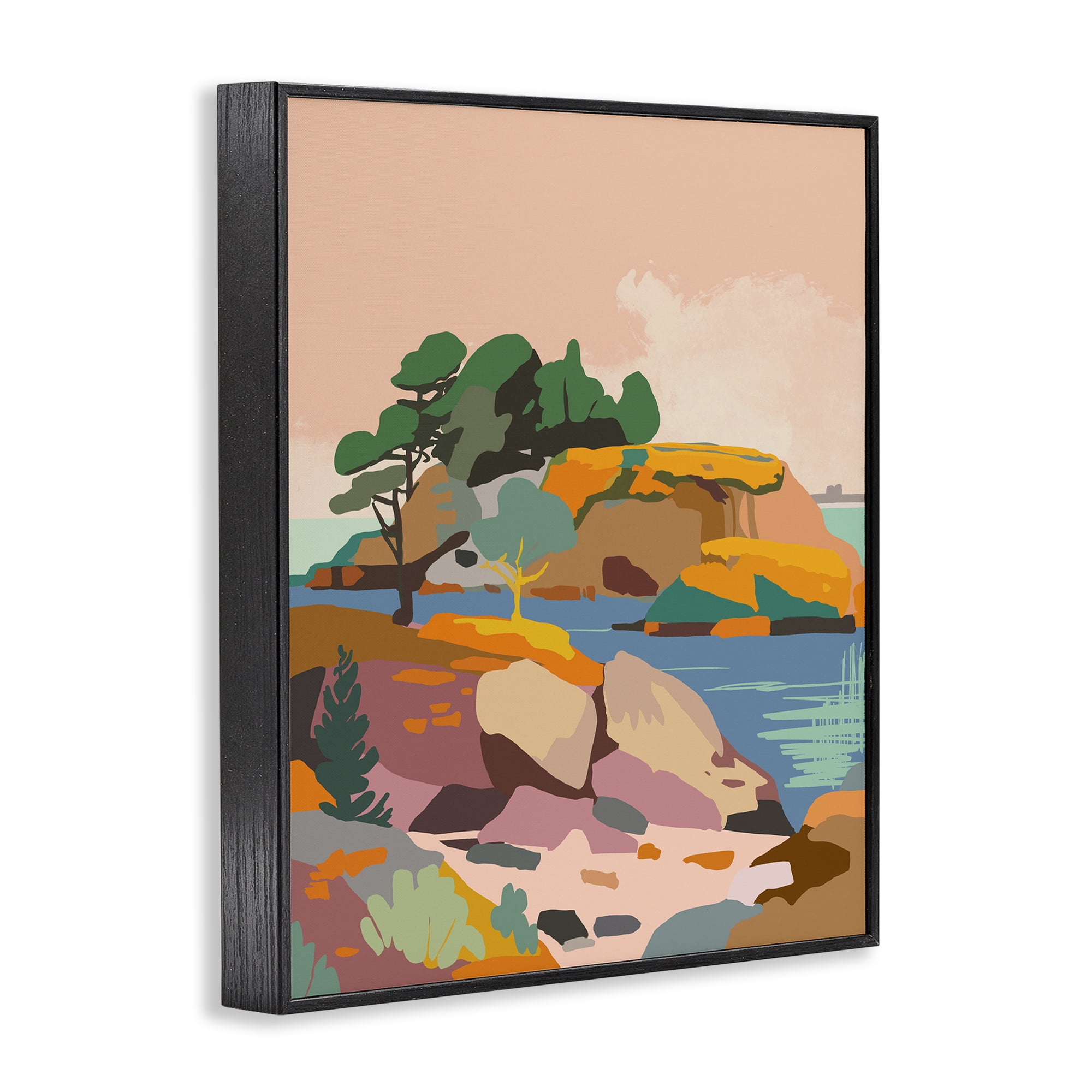 Stupell Industries Abstract Lake & Cliffs Landscape Painting Black Framed Art Print Wall Art, 11 x 14