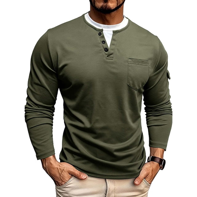 pstuiky camisa de manga larga para hombre, Cárdigan informal de dos piezas con cuello en V falso, botones y mangas largas con bolsillos para hombre Tops de talla grande para hombre xxxl