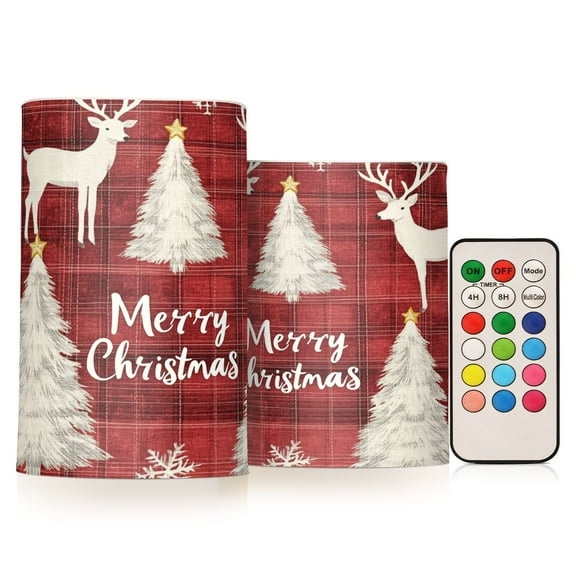 BZSMCE Flameless Candles LED Lights Christmas Red Plaid Pattern with Reindeer Creativity Battery Candles
