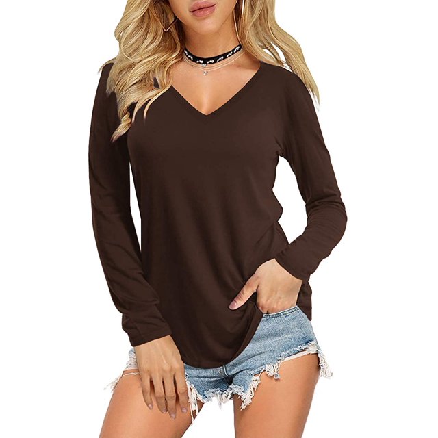 Womens V Neck Long/Short Sleeve T Shirts Basic Tee Tops