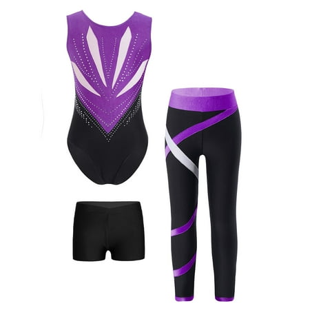 Sinleey Kids Girls 4 Piece Gymnastic Leotard Outfits Ballet Dance Unitards with Shorts Leggings and Hair Tie Set Purple&Black 16