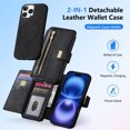 thumbnail image 6 of ELEHOLD Leather Magnetic Case For iPhone 16 Pro Max Shockproof Kickstand Cover, with Detachable RFID Zipper Card Holder Walllet, Ring, MagSafe Compatible, Full Body Protection, Black, 6 of 11