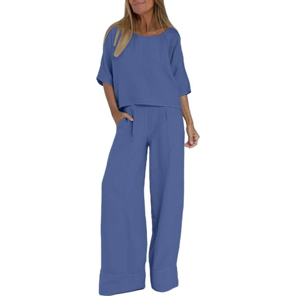 GILIGEGE Linen Sets for Women 2 Piece Summer Ladies' Casual Summer Solid Color Short Sleeved Cotton and Linen Top Loose Pants Set Wide Leg Pants Tracksuit Lounge Matching Sets Blue L