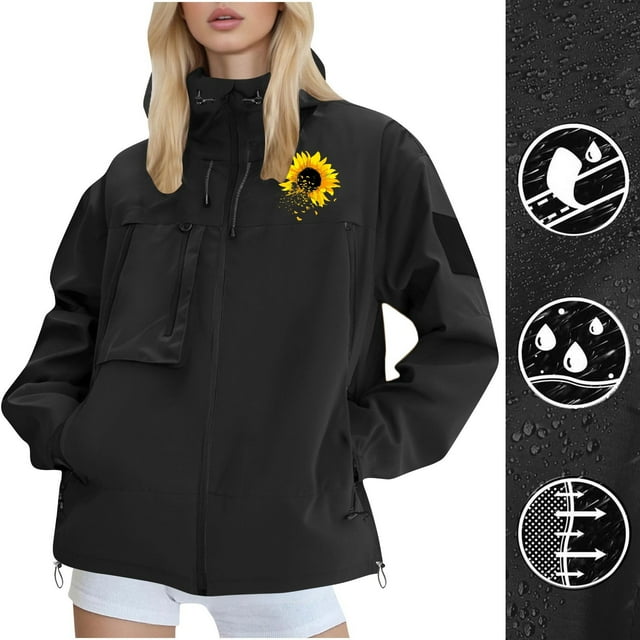WRKEKC Veste Imperméable pour Couples, Légère, Imprimée, Coupe-Vent, avec Capuche, Fermeture Éclair, pour Hommes et Femmes, Noir TG