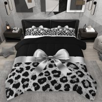 Homewish Cute Grey Ribbon Bowtie 2pcs Bedding Comforter Set For Female Girls Adults,Leopard Print Twin Comforter Sets,Animal Cheetah Print Breathable Bedding Set,Breathable Home Decor,Reversible