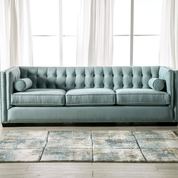 Transitional Pale Teal Velvetlike Fabric Sofa FOA SM9117SF Elliot