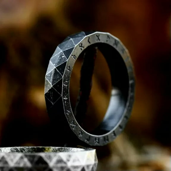 K-KED Vintage Diamond Faced Viking Wedding Ring Stainless Steel Viking Runes Band Ring-9-Black