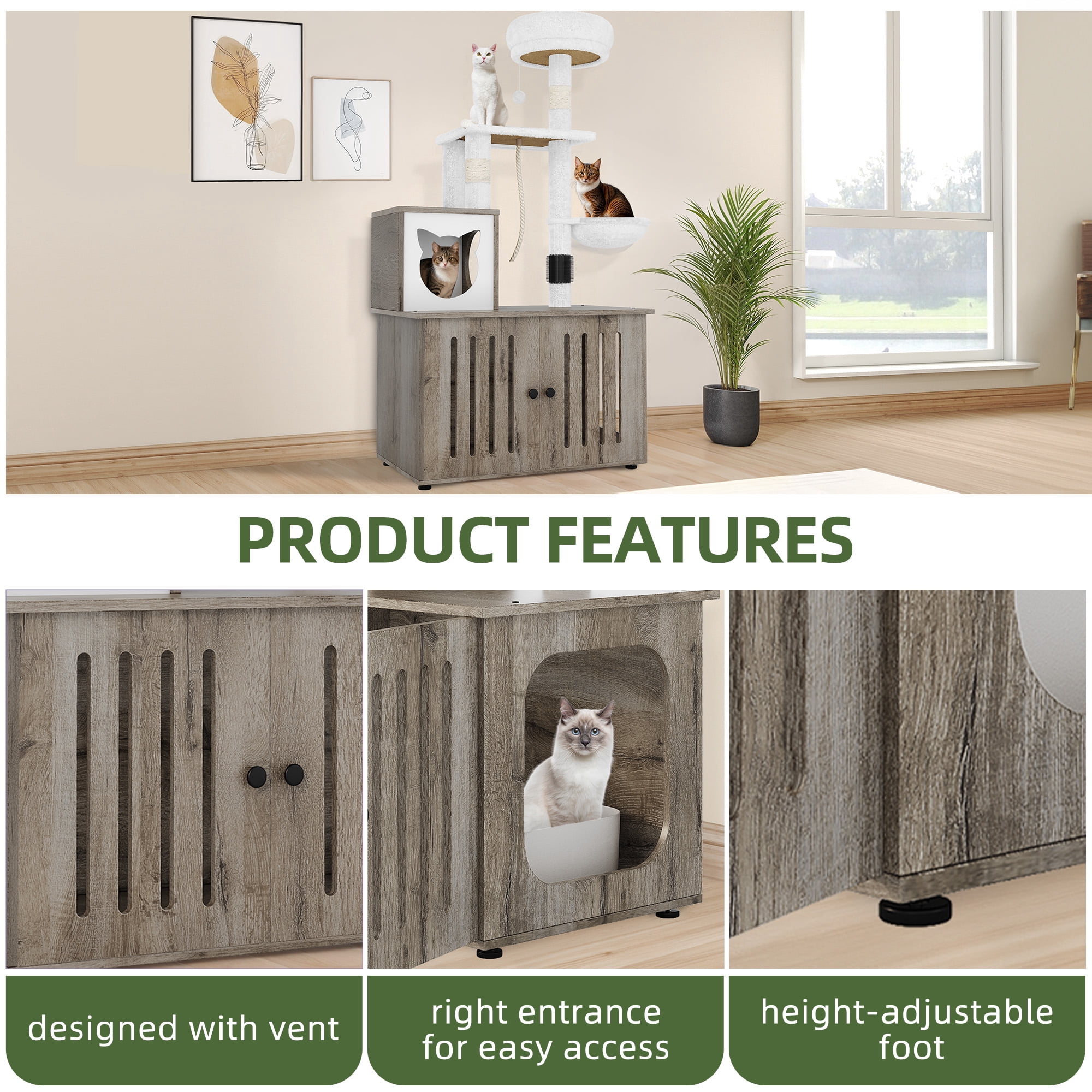 Uforic Cat Tree with Litter Box Enclosure, 2-in-1 Modern Cat Tower Combo, 53.5" Hidden Litter Box Furniture, Gray