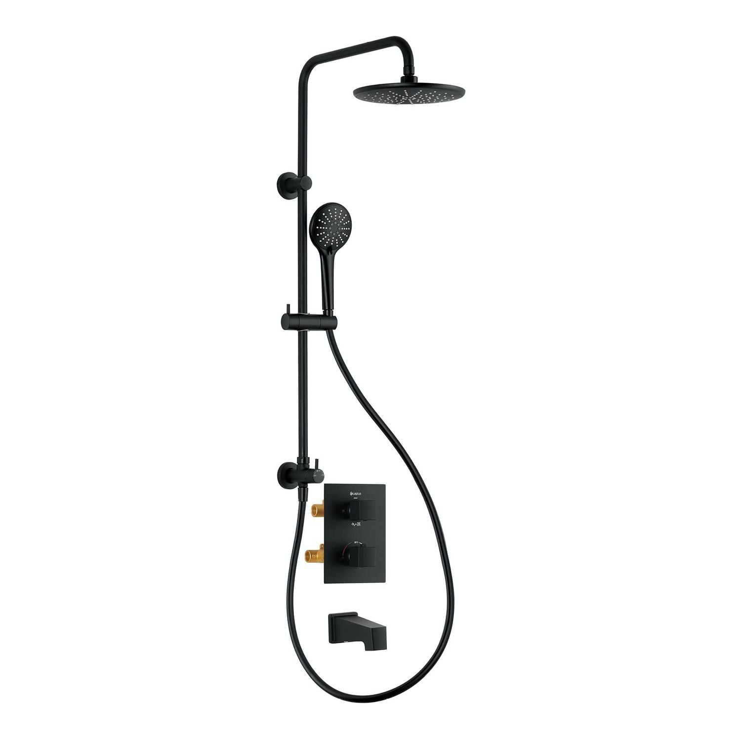 The akuaplus® thermostatic valve with 4-way diverter, adjustable shower post system, 3 Settings Hand shower, shower head  and spout, Matte black finish