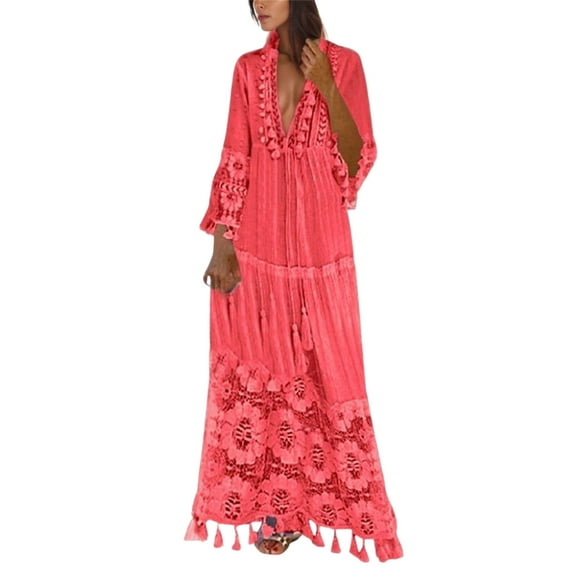 TJAZFJPA Lingerie Dress V-Neck Tassel Large Size Casual Bohemian Color Lace Solid Fashion Dress Long Women's Dress Engagement Party Dress Summer Beach Dress