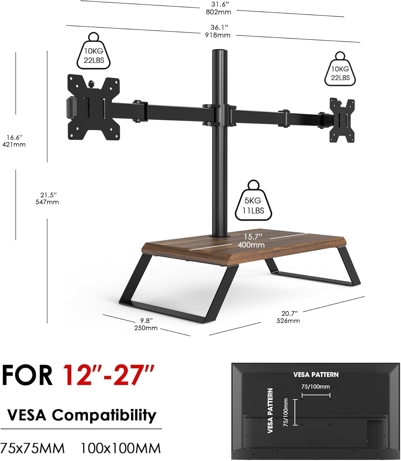 Dual Monitor Stand Riser for 12-27 Inch Screens, Freestanding Adjustable Mount with Wood Platform, VESA 75x75/100x100mm, Holds  to 22lbs Each Arm