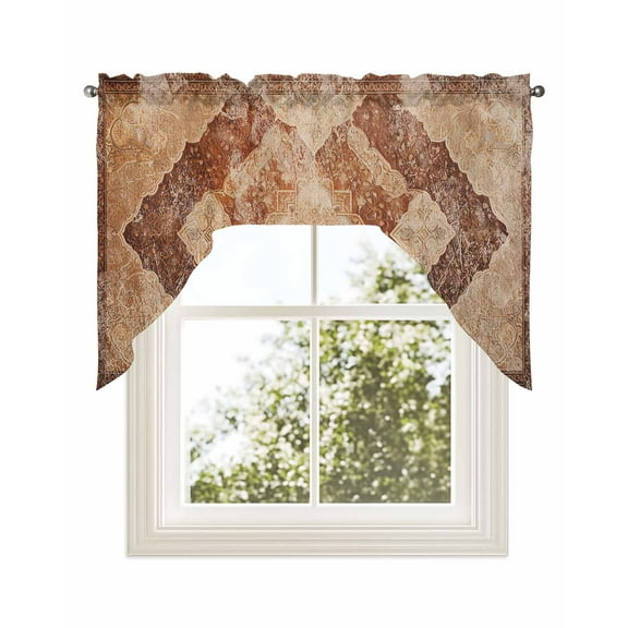 Brown Abstract, Kitchen Curtains Swag Valance for Windows/Bathroom/Cafe, Contemporary Vintage Geometric Flower Rod Pocket Drape Panel Swag Curtains Valance for Bedroom/Living Room 56"x36"