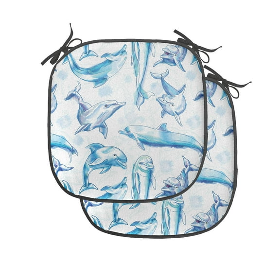 Sea Animals Chair Seating Cushion Set of 4, Sketch of Bottlenose Dolphins Playing Laughing in the Ocean Sea Life Print, Seat Pads with Anti-slip Backing, 16"x16", Turquoise White, by Ambesonne
